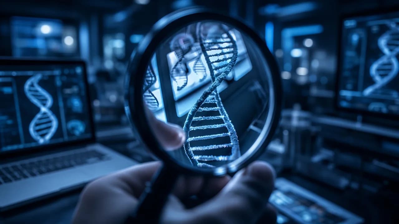 Lupa ampliando uma hélice de DNA